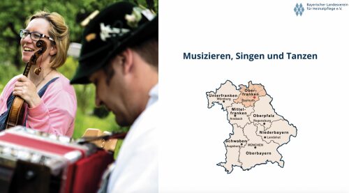 Menschen mit Geige und Arkordeon, daneben Umriss Bayern mit in Regierungsbezirken aufgeteilt